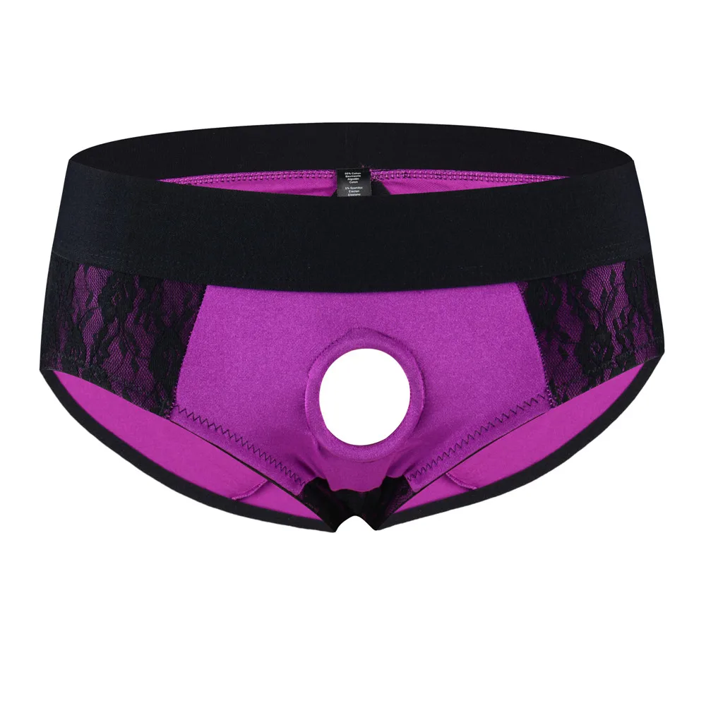 Sexy Briefs Lace Backless Underwear Wearable Strap on Harness Panties For Women Men Sexy Lingerie Open Penis Hole Gay Panties