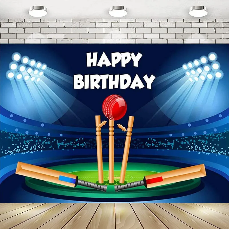 Спортивный фон для фотосъемки с изображением крикета на день рождения с изображением стадиона синего и черного цвета