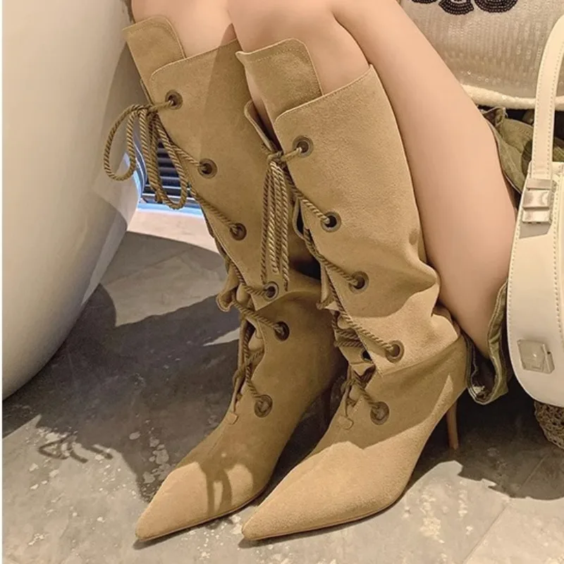 

Sexy Lace Up Boots Women Autumn Winter 2024 New Trendy High Heels Shoes Female Long Thigh High Pointed Fashion Boots Botas
