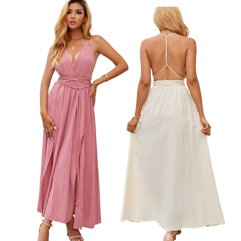

Sexy Backless Dress V-neck Sleeveless Casual Split Bohemian Dress ankle-length long maxi summer boho dress
