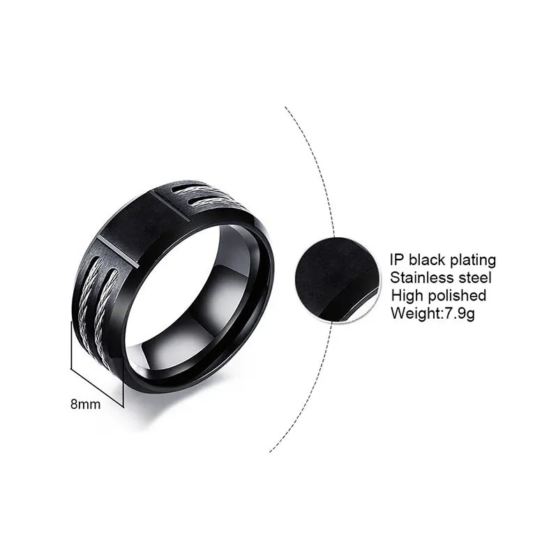 Stylish Black Mens Initial Ring, Waterproof Stainless Steel