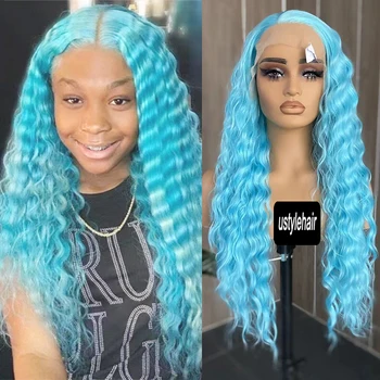 Light Blue Lace Wig 13x4 Long Deep Wave Lace Front Wig for Women Natural Hairline Synthetic Hair Glueless Heat Resistant Wigs