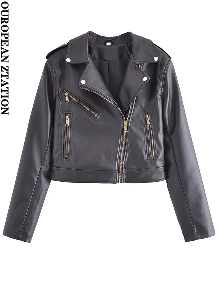 

PAILETE Women 2022 fashion with zip pockets faux leather jacket coat vintage long sleeve zip-up female outerwear chic top