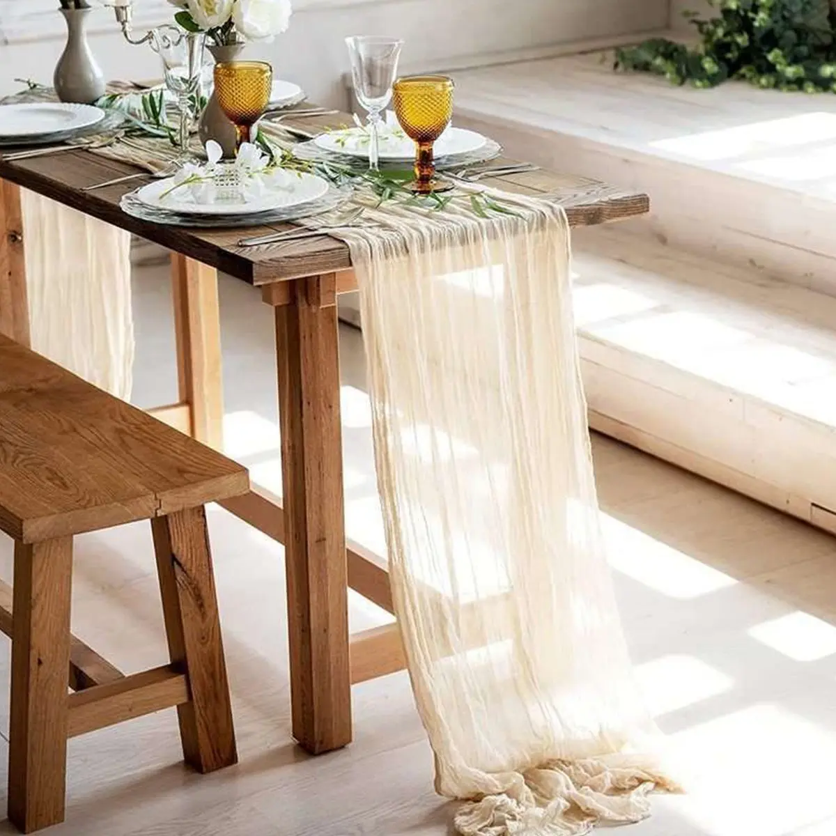 Sage Green Semi-Sheer Gauze Table Runner - Vintage Rustic Decor