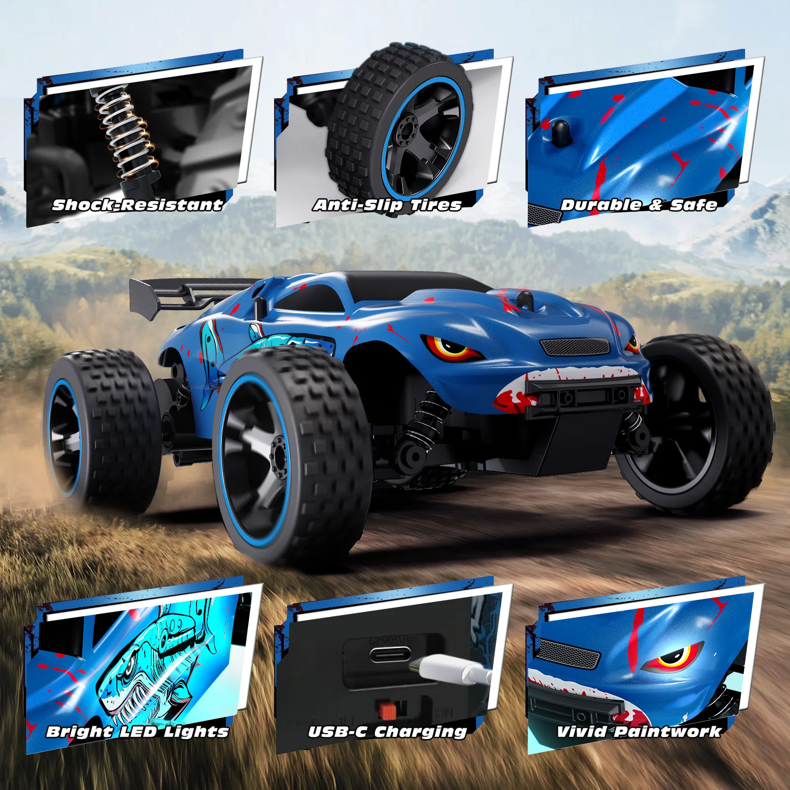 Enfant jouant avec voiture télécommandée buggy RC 2.4GHz USB-C dans le jardin