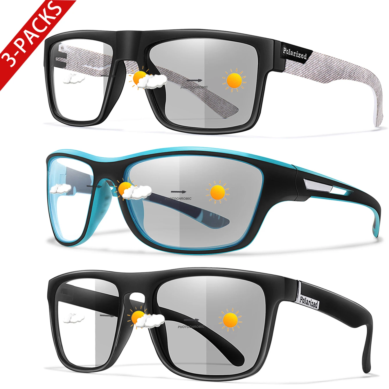 3 Photochromic Sq Cycling Sunglasses for Men & Women Outdoor Sports