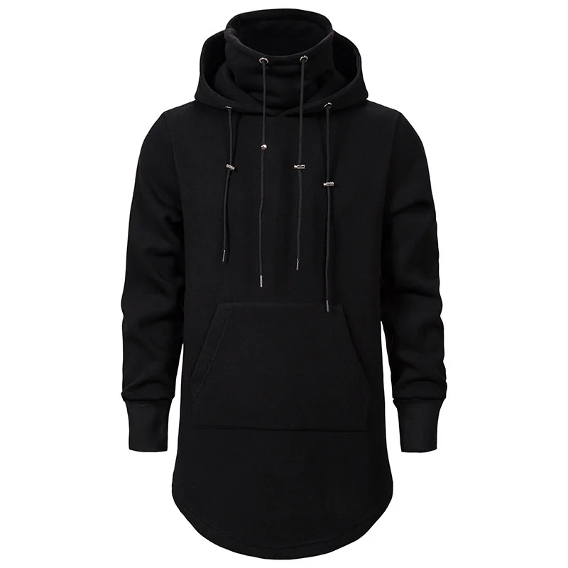 Men's Slim Long Section High Collar Hooded Sweatshirt Cotton Casual Pullover