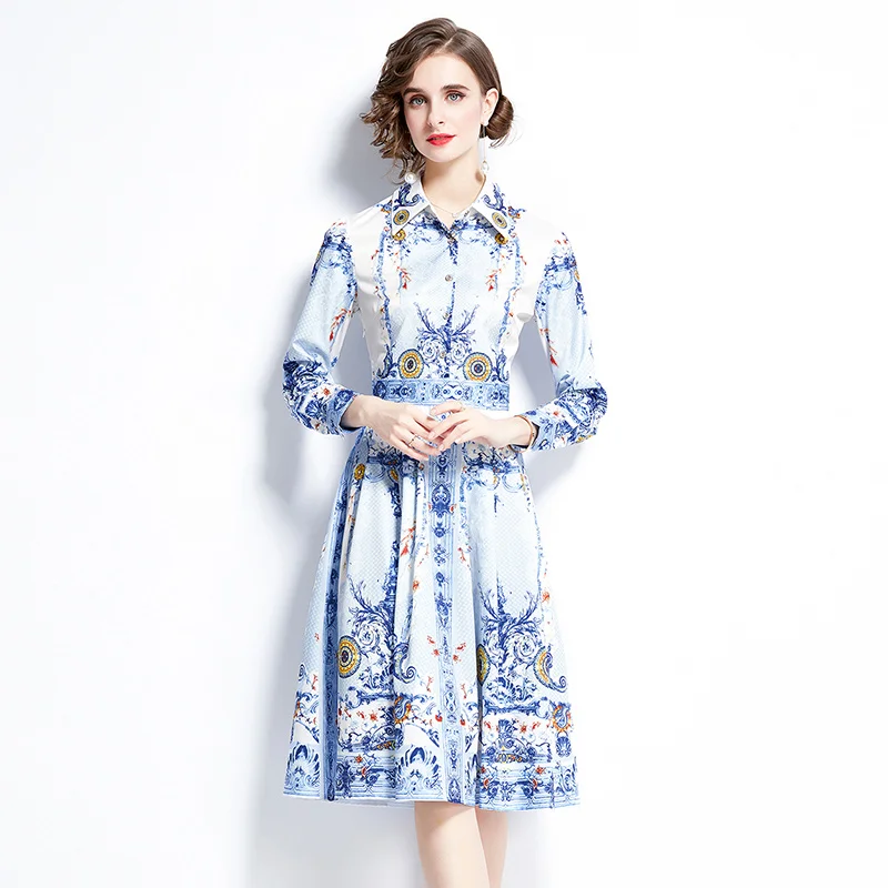 

Fashion Women Floral Print Elegant Shirt Dress 2021 Spring High Quality Fashion Designer Runway Midi Dress Vestidos N68772