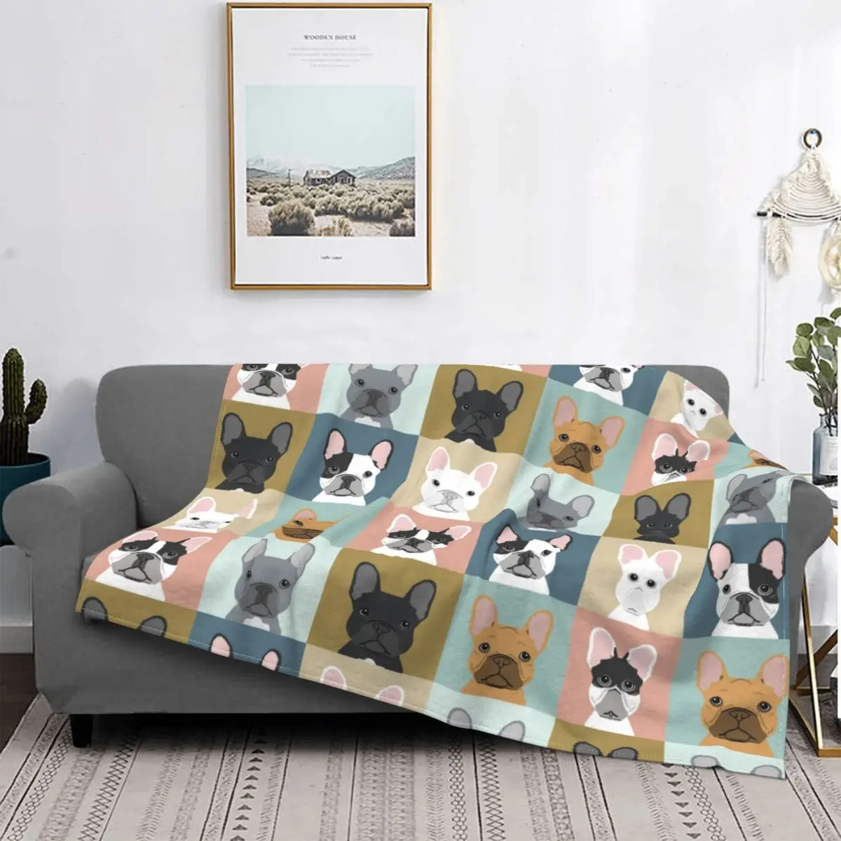 

French Bulldog Portraits Pattern Blanket Soft Fleece Warm Flannel Frenchie Dog Lover Throw Blankets for Sofa Car Bedding Quilt