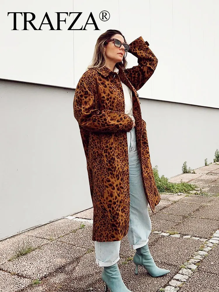 HH Women Fashion Leopard Print Trench Coat Vintage Long
