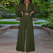 

Celmia Elegant Casual Overalls 3/4 Puff Sleeve 2022 Fashion O Neck Wide Leg Pants Long Rompers Pleated Buttons Women Jumpsuits