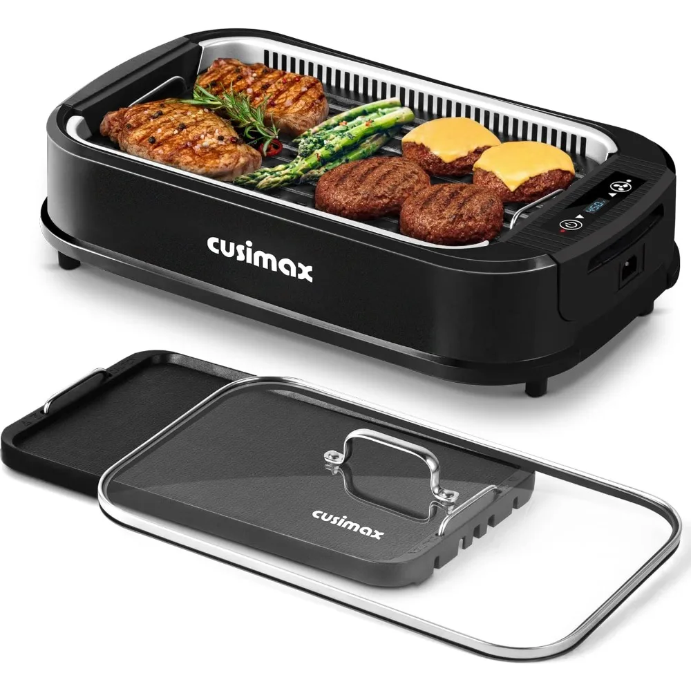 Smokeless Grill Indoor, 1500W Electric Grill Griddle Korean BBQ Grill with LED Smart Display & Tempered Glass Lid