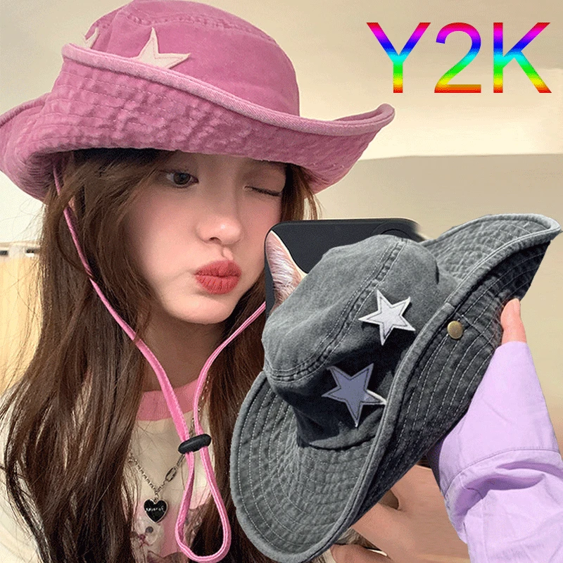 Y2K 펑크 핑크 스타 와일드 웨스턴 카우보이 캡, 유니섹스 넥 드로우 스트링 ..