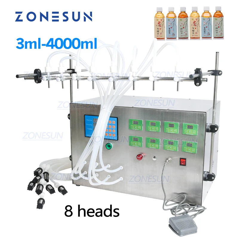 ZONESUN 8 Head Electric Digital Control Pump Liquid Filling Machine Perfume Juice Essential Oil Water Bottle Filling Machinery zonesun semi automatic liquid filling machine double nozzles beverage juice perfume vial water bottle filler 1 4000ml