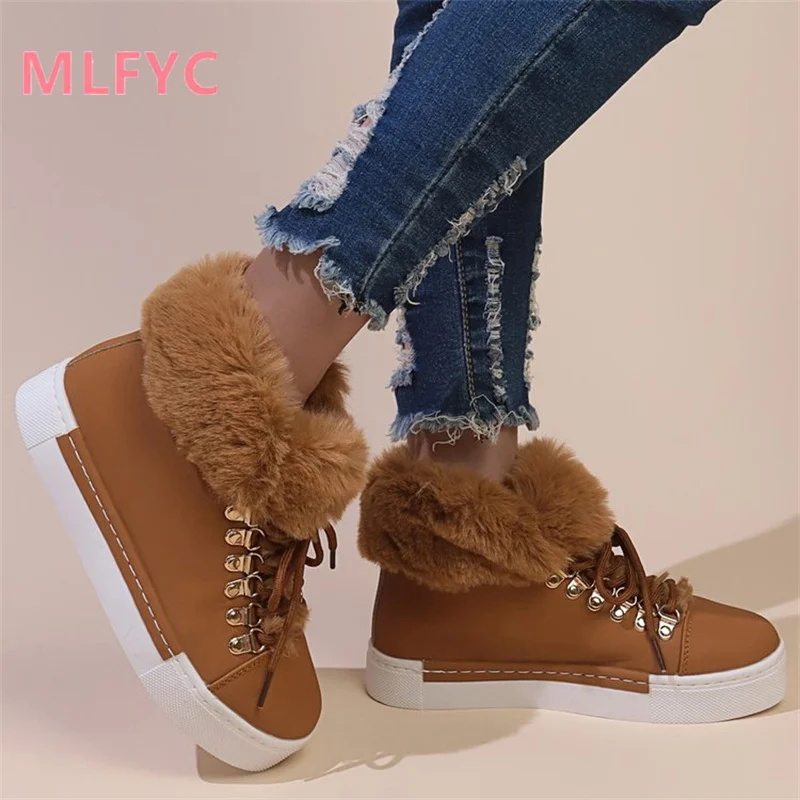 Flat Bottom Winter New Women's Cotton Boots Flat Bottom Lace up Women's Velvet Warm Snow Boots Short Boots mujer