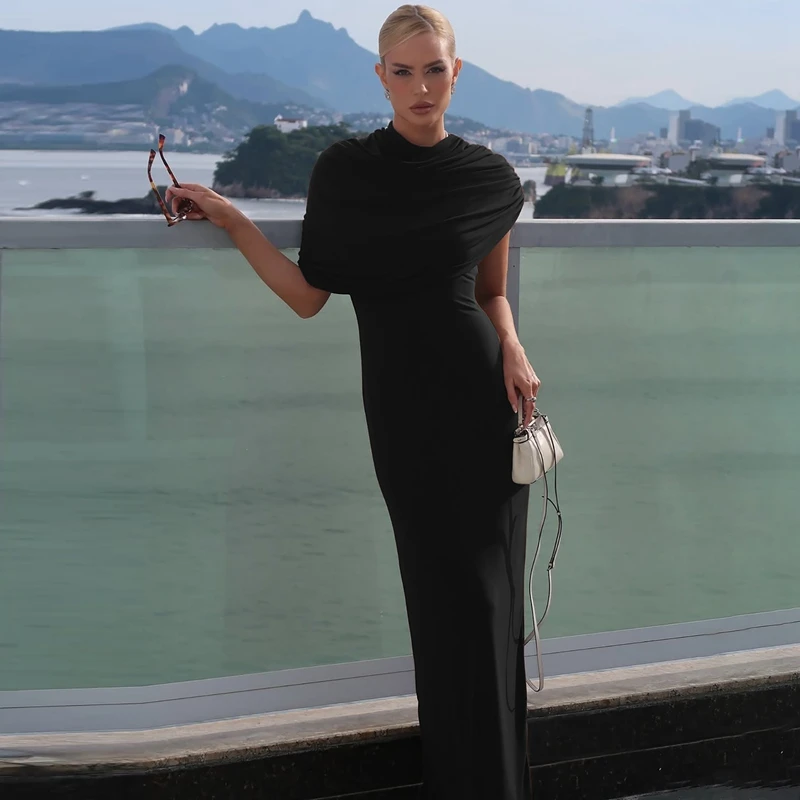Hugcitar Frauen Mode Rollkragen Solide Kurzarm Unregelmäßige Sexy Geraffte Maxi Prom Kleid Sommer Kleidung Abend Party Geburtstag – Detail 26