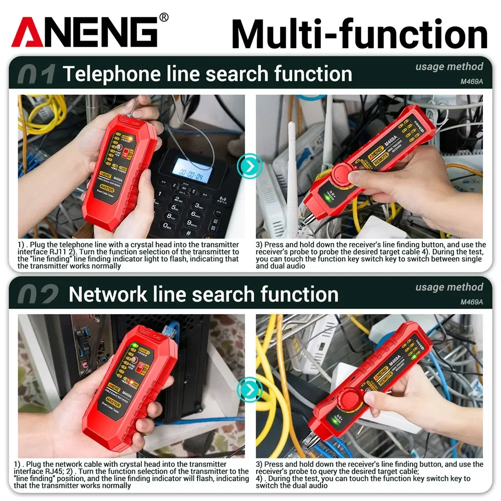 M469A Intelligent Network Cable Tester RJ45 RJ11 LAN Cable Tester Finder Wired Tracker Receiver Network Maintenance Tool