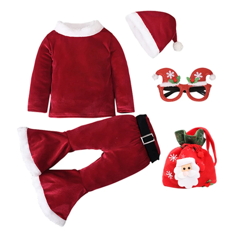 thumbnail image 1 of Baby Girls Christmas Cosplay Santa Claus Costume For Kids Xmas Party Red Clothes Tops+ Pants+Hat+Belt Children New Year Outfits, 1 of 5
