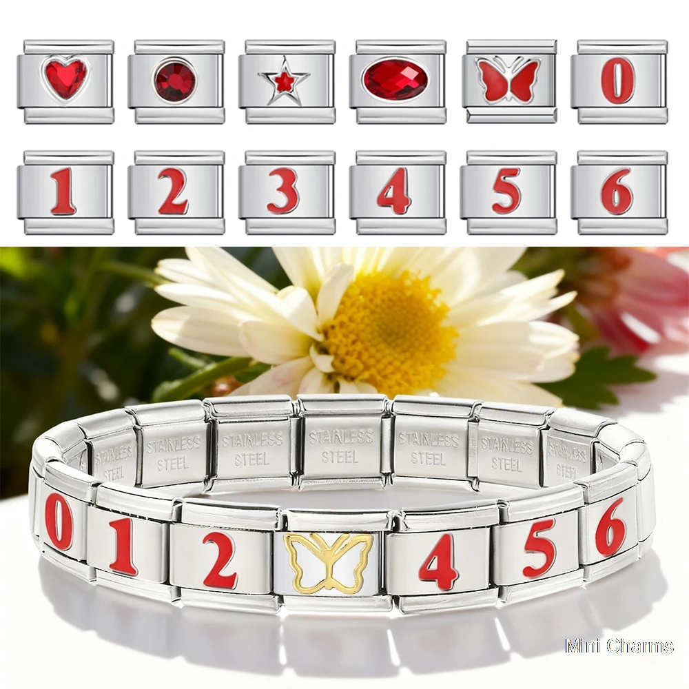 Mode Glasur Rot Schmetterling Nummer 0/1/2/3/4/5/6/7/8/9 italienische Charm Link Fit 9mm Edelstahl DIY Herstellung Perlen Hand Kette – Detail 1
