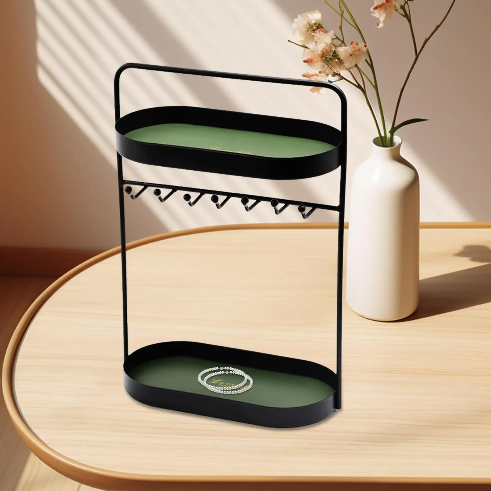 

Entryway Tabletop Key Holder Rack Storage Rack with 7 Hooks and Tray Jewelry Organizer Rack Necklace Display Stand for Bracelets