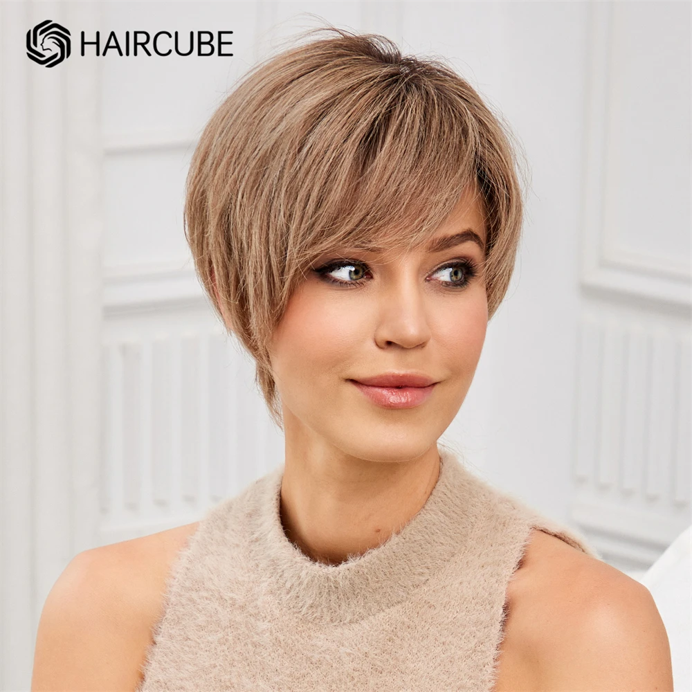 Short Pixie Cut Human Hair Wigs Lace Front Straight Bob Wigs with Bangs Brown Layered Remy Human Hair for Women Transparent Lace human hair wig