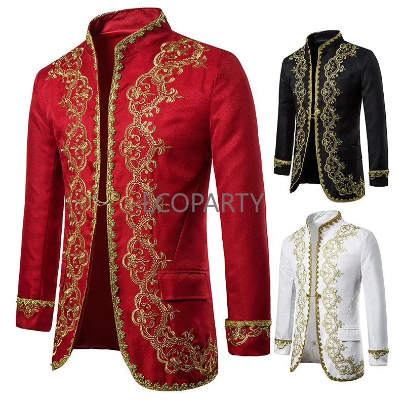 Men's Black Single Button Embroidery Suit Jacket Brand Stand Collar Slim Fit Wedding Groom Blazer Men Stage Singer Costume Homme 2