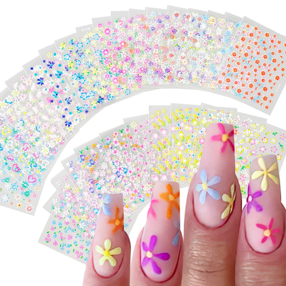 

30Pcs Colorful Black White Flower Nail Stickers Small Sakura Daisy Floral Decals 3D Self Adhesive Sliders Manicure Decoration