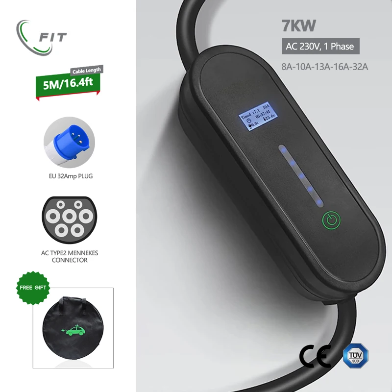 

FIT Portable EV Charger with LCD Display Screen, 7KW,Type 2, IEC 62196-2, Adjustable Current and Time