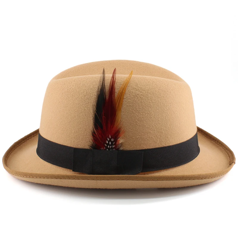 Männer Frauen Federband Wollmischung Homburg Hüte Woll-Fedora-Kappen Trilby Sonnenhut Reise Party Einstellbar UK M-L US 7 1/8-7 3/8 – Detail 11