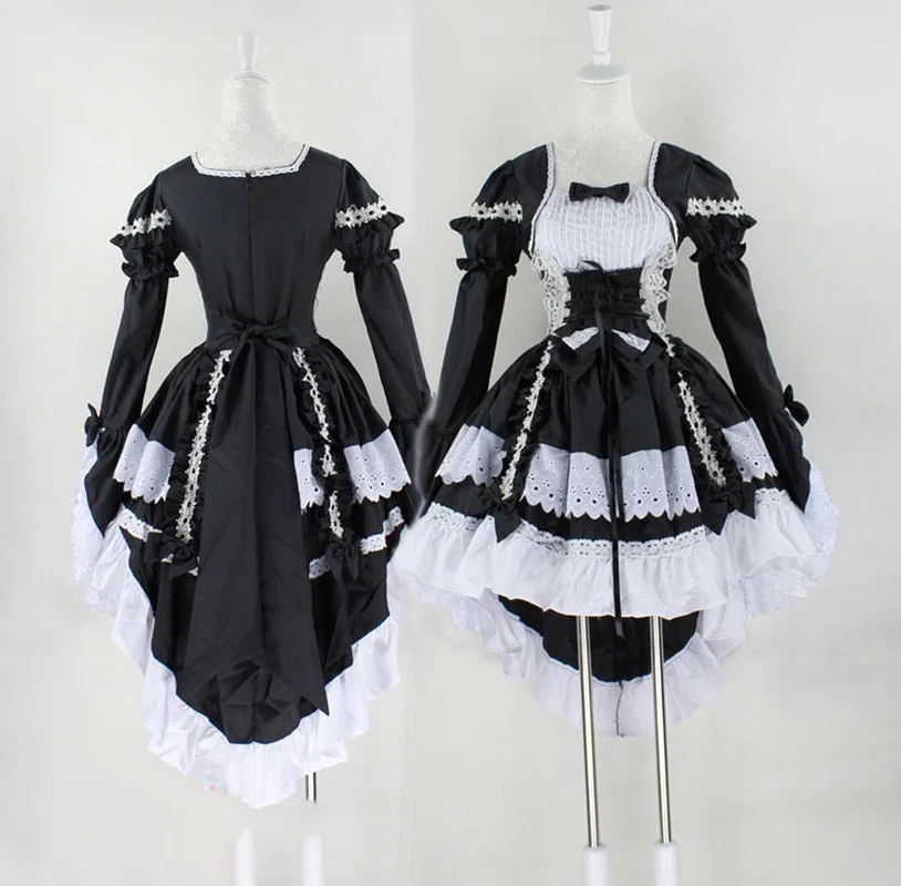 Lolita Tail Swallow Dress Corset Cincher Lace Dress Maid Costume Women Gothic High Low Outfit Cotton Long Hem for Girls lolita dress lolita suspender dress lolita cosplay costumes