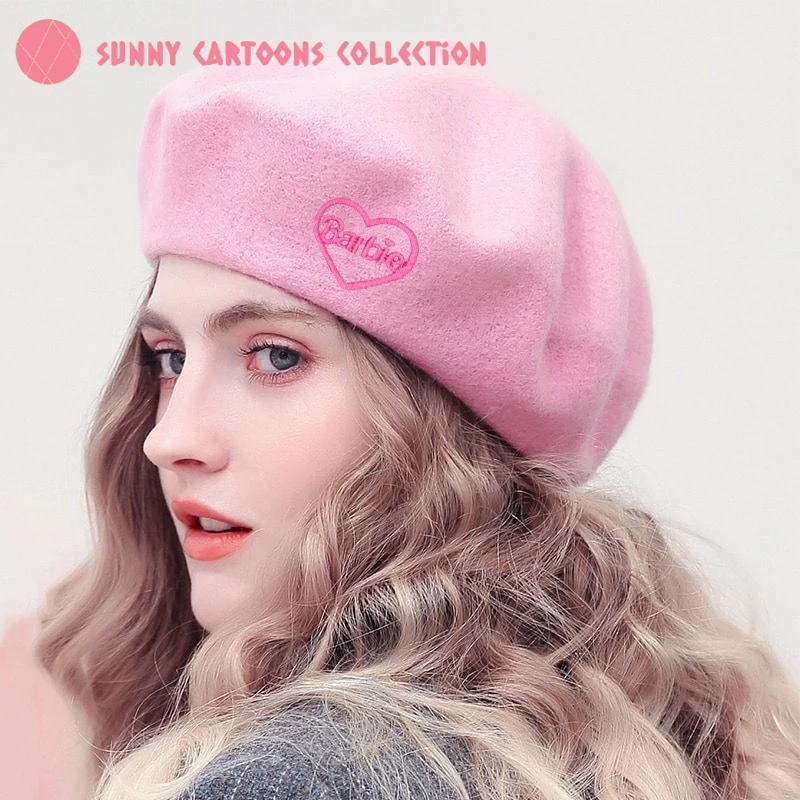 

Miniso Barbie Pink Beret Movie Women Embroidered Letter Love Autumn Winter Wool Painter Hat Sweet Fashion Vintage Girls Caps