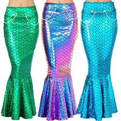 Women Long Mermaid Skirt Metallic Hologram Scale Print Slim Fit Skirt with Pearl Chain for  Cosplay Costume falda de fiesta