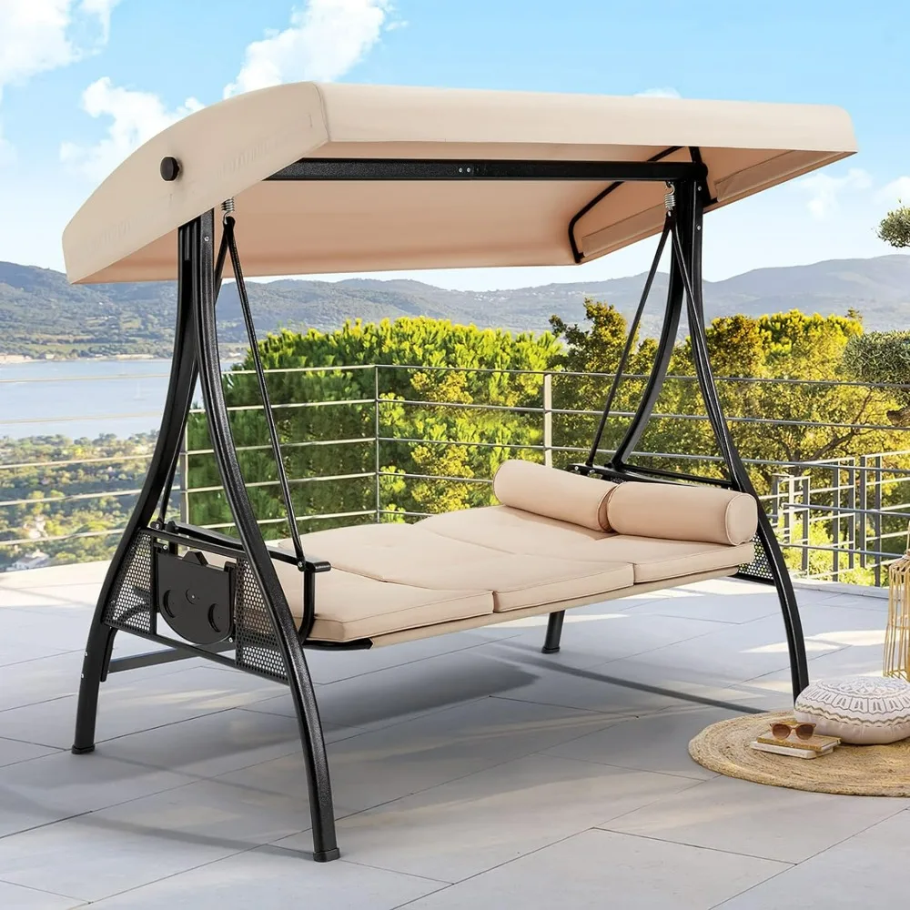 

Outdoor Garden Swings with Weather Resistant Steel Frame, Porch Swing with Adjustable Canopy and Backrest, Patio Swing Chair