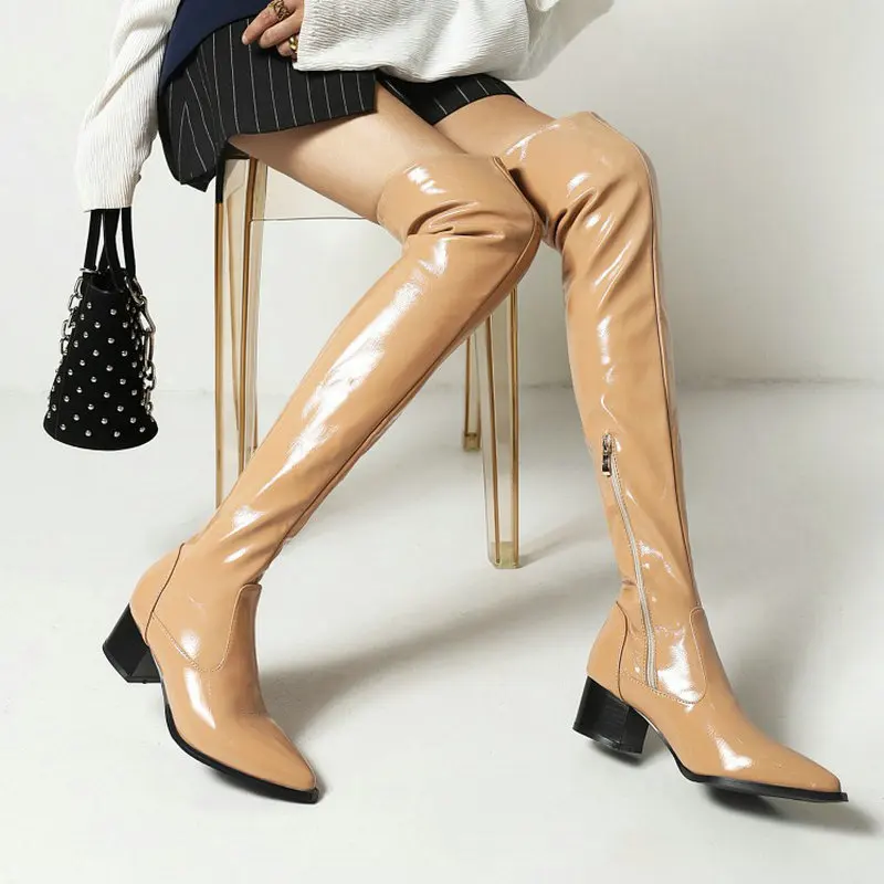

QPLYXCO Patent Leather Yellow Nude Chunky Square Heels Stretch PU Fabric Thigh High Booties Women Overknees Boots Size 34-47
