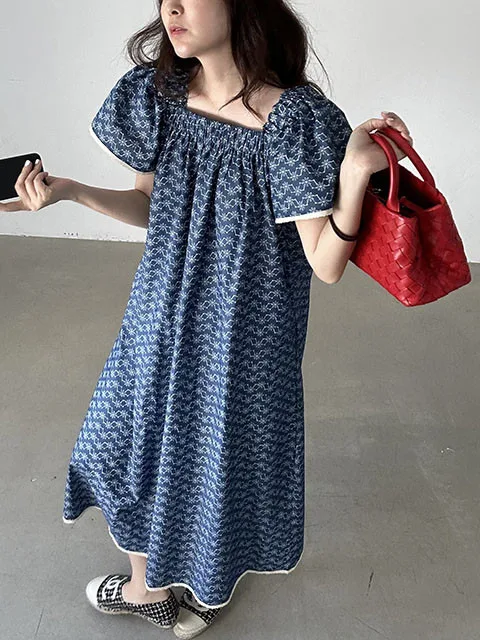 빈티지 우아한 여름 스퀘어 칼라 꽃 인쇄 느슨한 맞는 캐주얼 컬러 차단 프릴 슬리브 드레스 여성을위한 