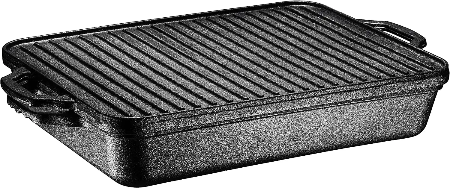 Bruntmor Square 3-in-1 Cast Iron Grill/Griddle Pan w/Reversible Lid,  Rectangle - Foods Co.