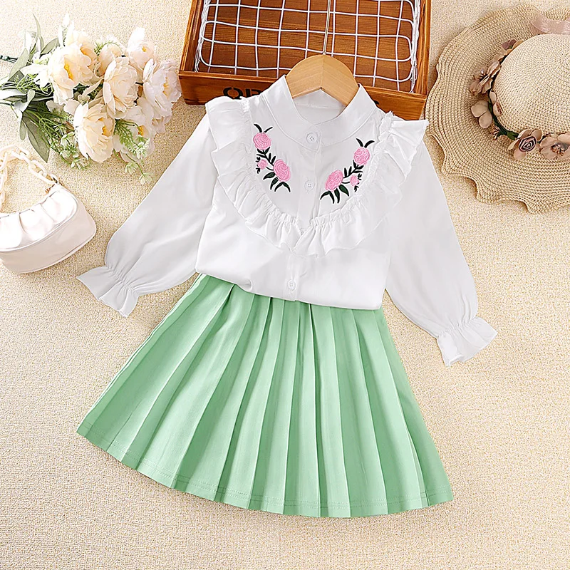 Girls Spring Autumn Two Piece Sets White Lace Embroidery Long