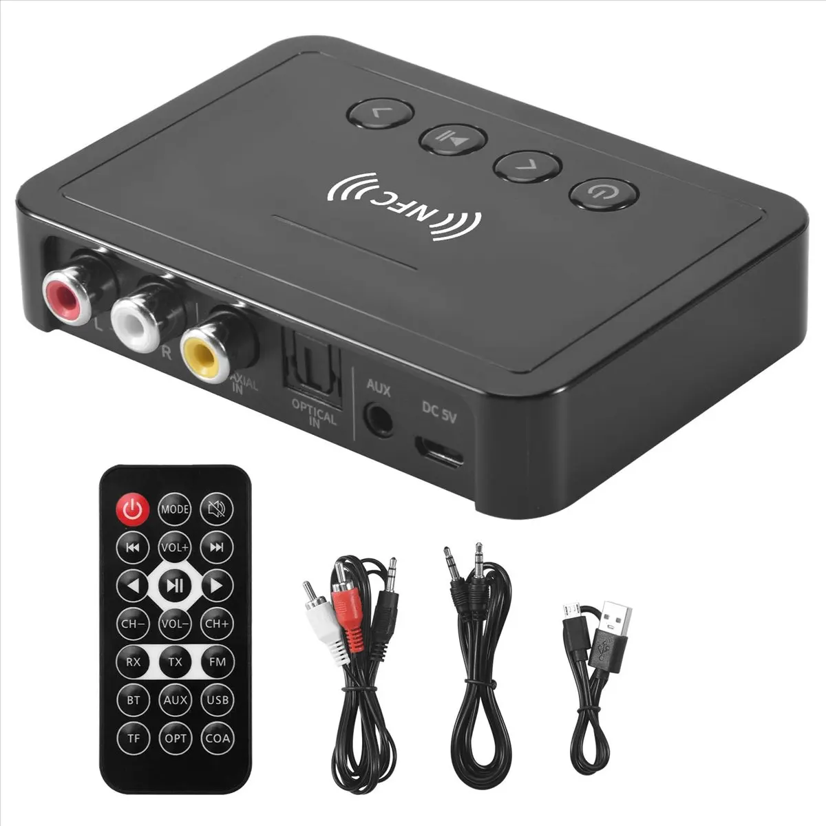 (A75T) 블루투스 5.0 수신기 송신기 FM 스테레오 AUX 3.5mm 잭 RCA 무선 NFC 블루투스 오디오 어댑터 TV PC 헤드폰용