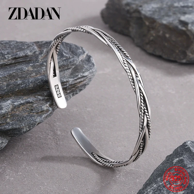 ZDADAN 925 Sterling Silber Vintage Twists Offene Manschette Armband & Armreifen Für Frauen Mode Schmuck