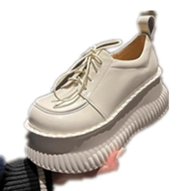 Spring and Fal Leather Thick Sole Platform Chunky Heels Women Pumps Solid Color Up Round Toe Fashion Concise Casual Female Shoes