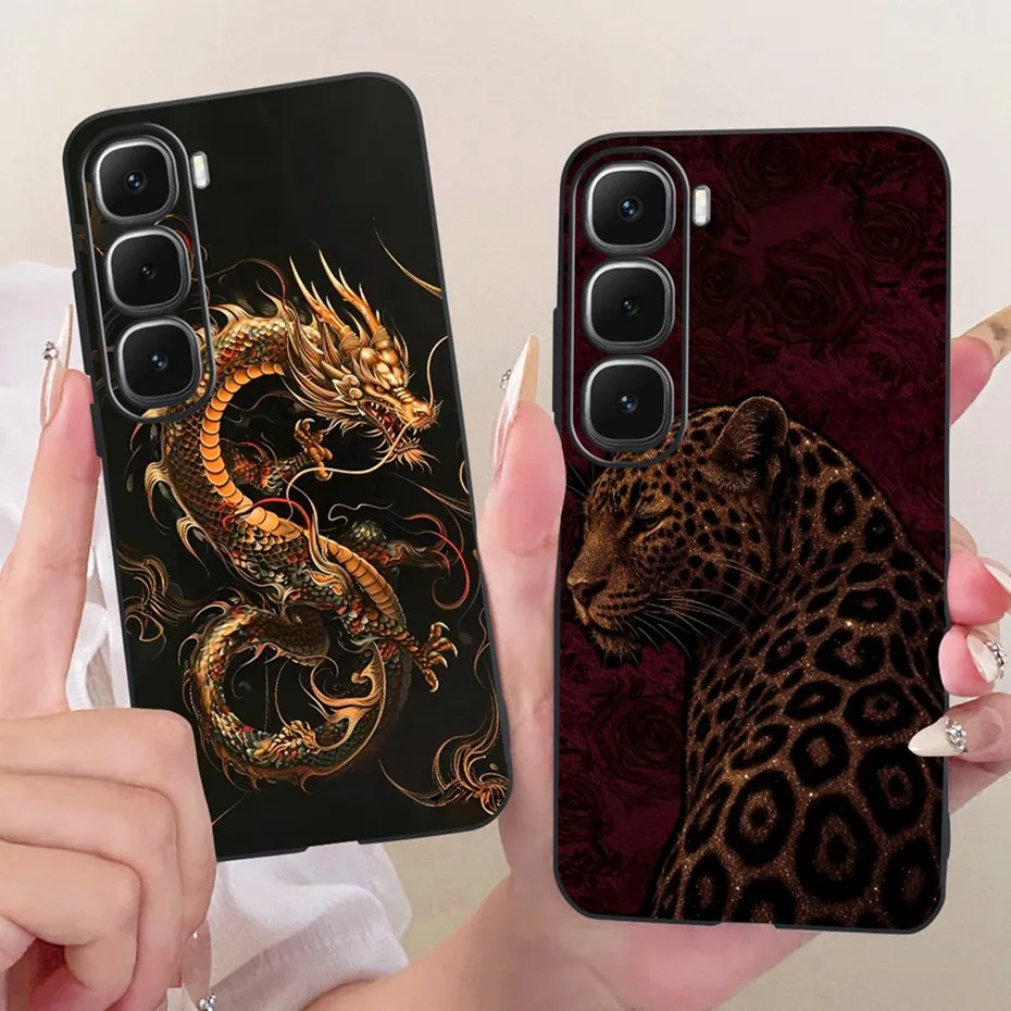 Enhanced Black Silicone Soft Phone Case with Cool Dragon, Wolf, and Tiger Design