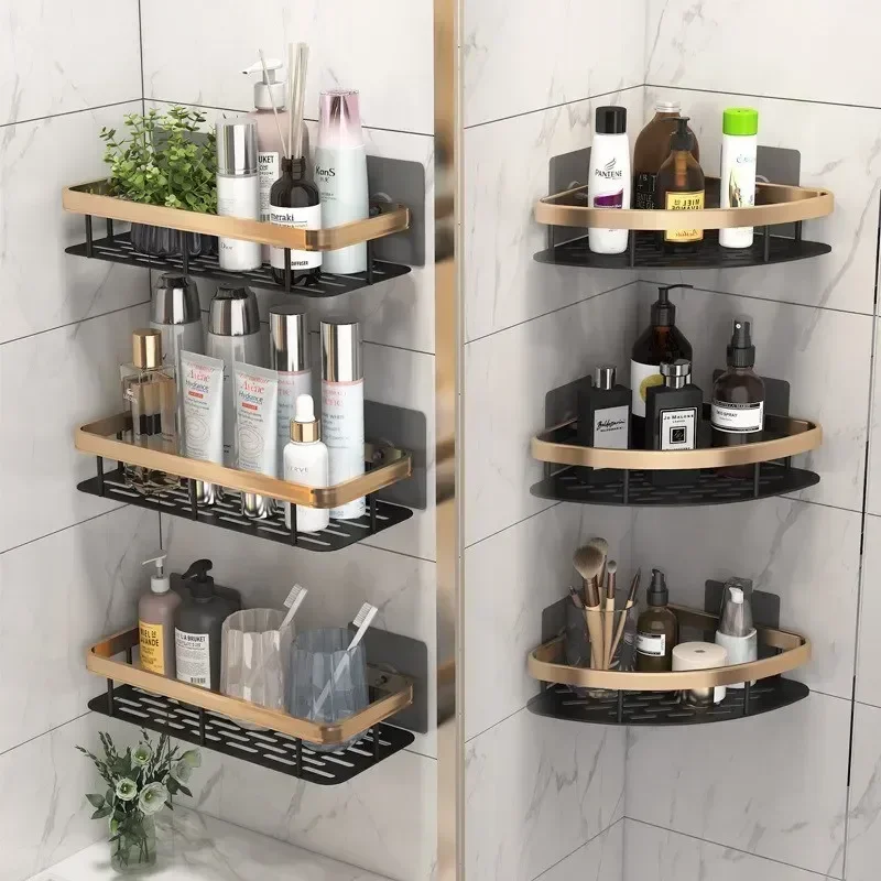 

Wall Accessorie Rustproof Shelf Towel Bathroom Shampoo Shower Holder Luxury Organizer Bathroom Shelves Drilling Aluminum Without
