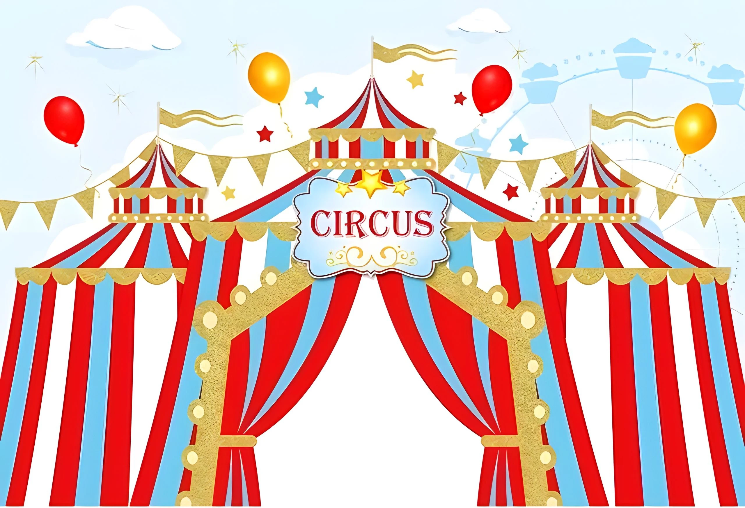 Circus Striped Balloon Ferris Wheel Carnival Light Tent Neonato Compleanno Fondale In Poliestere Sfondo Per Feste
