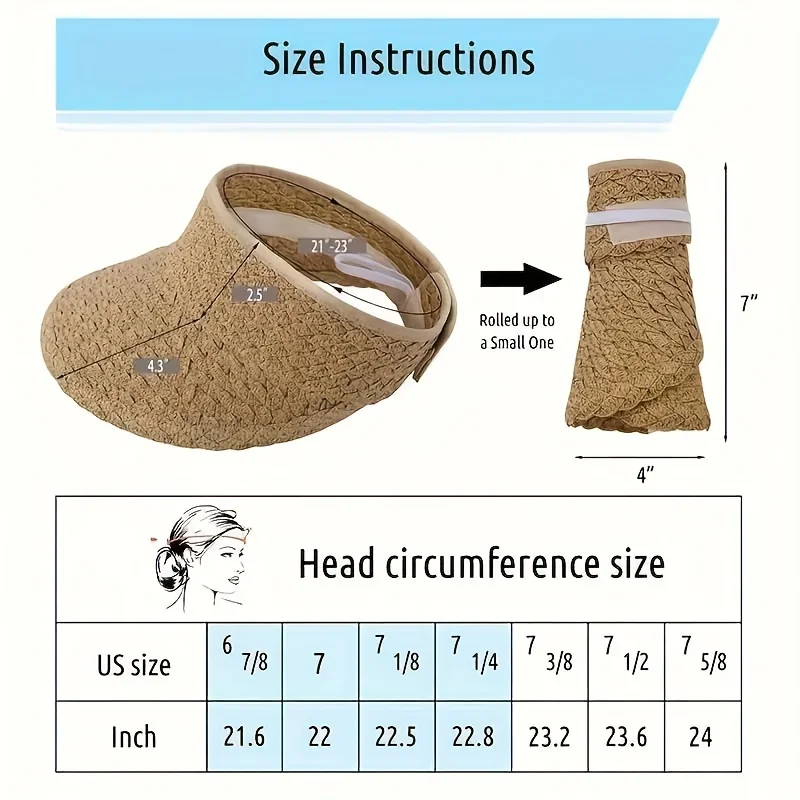 Women's Summer Sun Visor Hat, Foldable Straw Breathable Open-Top , Travel Beach Running Fashion Accessory