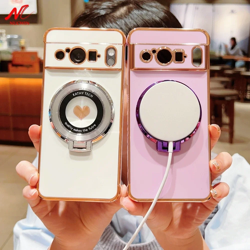 Luxury MagSafe Bracket Case with Love Heart Ring Holder & Plating Silicone Cover