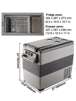 VEVOR 12 volt refrigerator with dimensions and dual-zone compartment diagram.