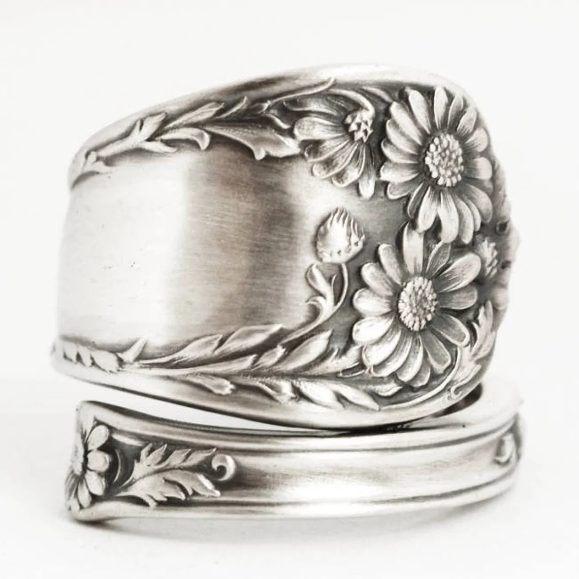 Silver Spoon Ring Women Daisies Flower Rings Graceful Engraved Flower