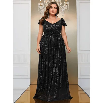 플러스 사이즈 반팔 루즈핏 보라색 스팽글, 우아한 이브닝 원피스, 빅 사이즈, 유행 스팽글 롱 원피스, 4XL, 5XL