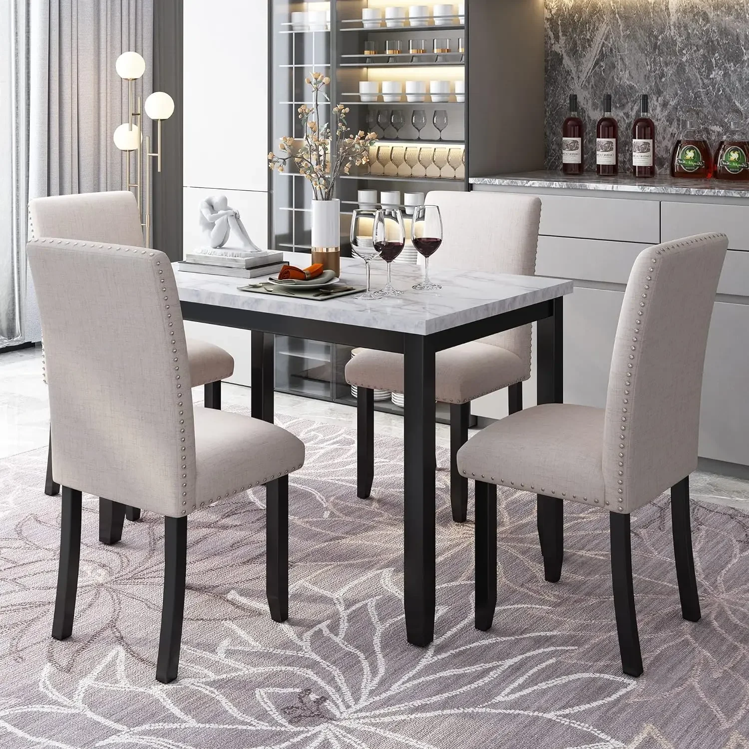 

Hrieyome 5 Piece Kitchen Dining Set for 4, Modern Rectangular Faux Marble Top Table with Thicken Cushion Chairs for Family, W