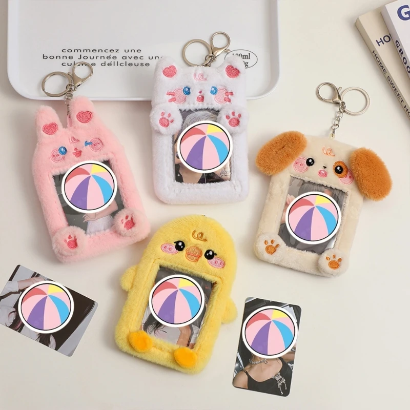 New Kawaii Cartoon Photo Card Holder Key Chain Soft Plush Bunny 3 Inch K-pop Selfie Photo Key Rings DIY Keychain Bag Pendant